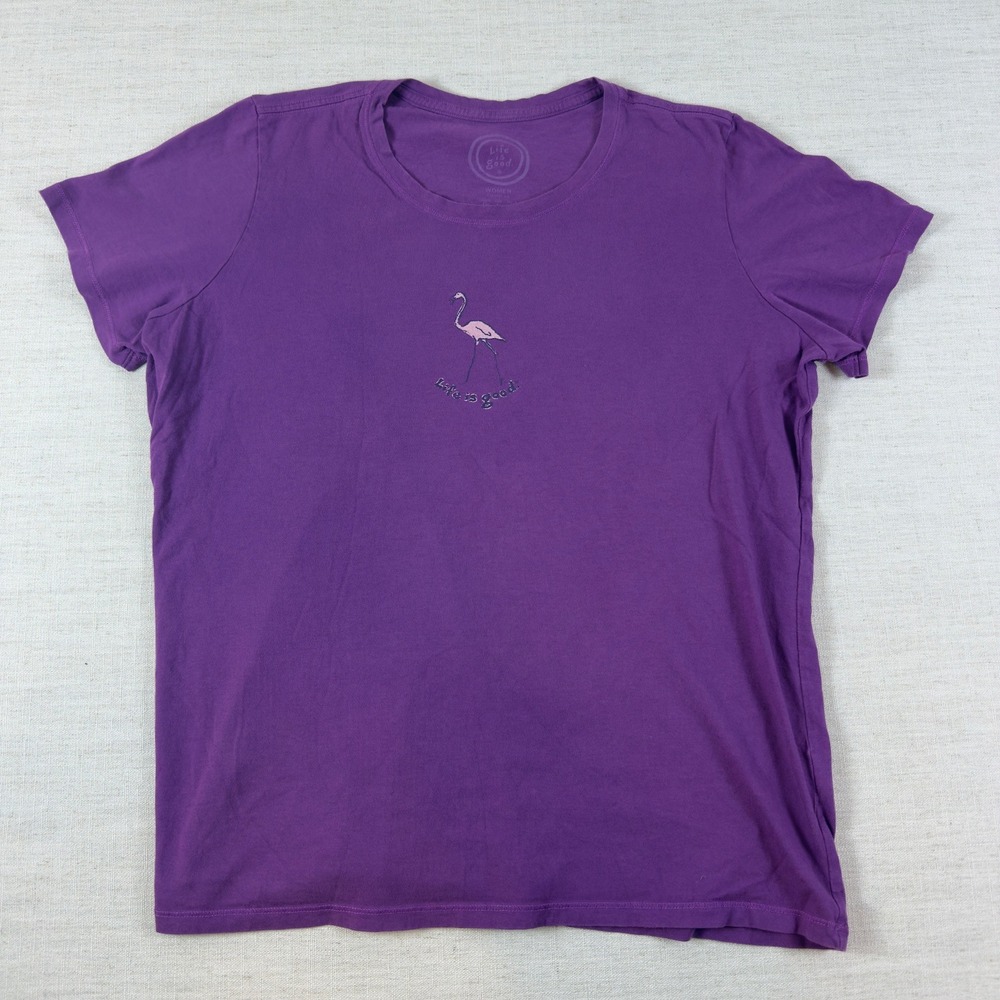 Life is Good Purple Flamingo Graphic T-Shirt Womens Large Classic Fit Tee